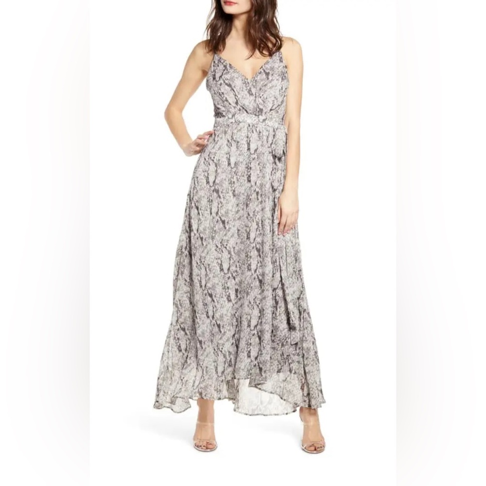 Astr the Label Grey Snake Print Strappy Wrap Chiffon Maxi Dress Sz Small